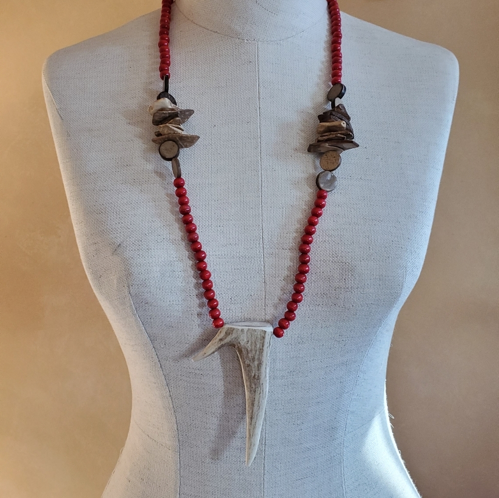 Handcrafted Red Bead Necklace with Antler Pendant